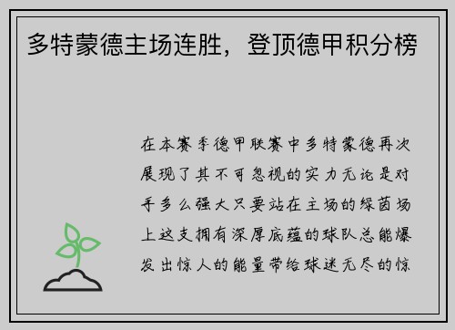 多特蒙德主场连胜，登顶德甲积分榜